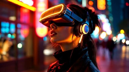Woman Experiencing Virtual Reality in Neon City at Night - Powered by Adobe