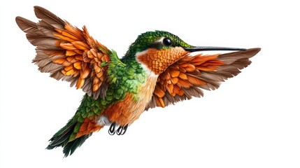 Obraz premium Vibrant Hummingbird in Flight with Spread Wings Showcasing Bright Green Orange and Brown Feathers isolated on White Background