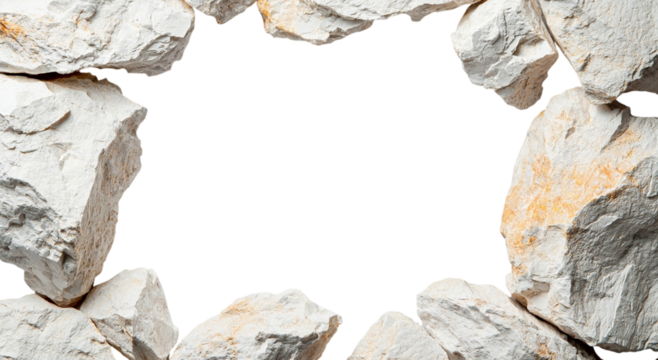 Png of A striking composition of rough white stones forming a broken wall frame, conveying strength and resilience.