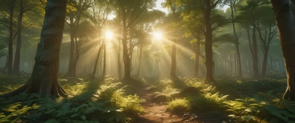 Golden sunlight streams through emerald canopy, illuminating dappled forest floor,  trees,  flora,  green
