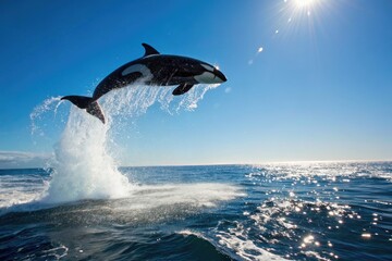 Obraz premium Killer Whale Leaps Majestically From the Ocean in Bright Sunlight Generative AI