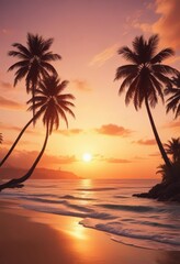 Warm sunset hues paint beach, palms silhouette against sky  Film grain adds nostalgia ,  background image,  scenic view,  sandy beach