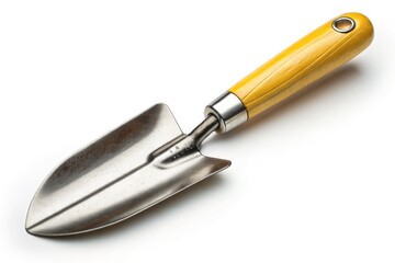 Fototapeta premium Metal Garden Shovel With Yellow Handle on White Background Generative AI
