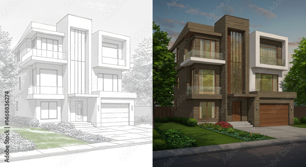 Poster comparative visual analysis of a contemporary residential design in two stages: sketch and rendered 