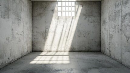 Fototapeta premium Empty concrete prison cell illuminated by sunlight.