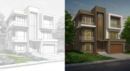 Comparative Visual Analysis of a Contemporary Residential Design in Two Stages: Sketch and Rendered Realism of a Modern Home Architecture