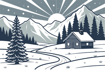 Naklejka premium 124 beautiful mountains, snowy landscape, log cabins, pine trees, winter scenery, sun rays, dramatic sky, peaceful, serene, idyllic, winter wonderland, scenic, landscape photography