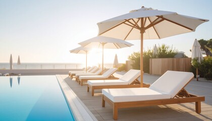 Fototapeta premium Beachfront hotel outdoor pool in the morning sunshine, rows of sun loungers and white parasols next to it.