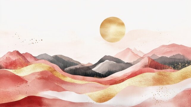 Mountain background vector. Minimal landscape art with watercolor brush and golden line art texture. Abstract art wallpaper for prints, Art Decoration, wall arts and canvas prints. ill ustration , no