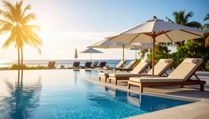 Obraz premium Beachfront hotel outdoor pool in the morning sunshine, rows of sun loungers and white parasols next to it.