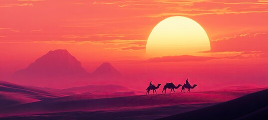 A man leading camels across the desert at sunset, with copy space on the top right side. generative ai