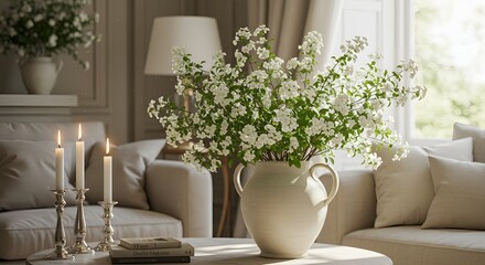 Serene White Blossom Arrangement with Candles by Window