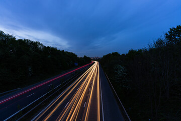 Light trails illuminating highway near Leeds at dusk