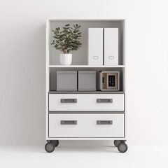 Modern Storage Unit with Drawers, Plants, and Organizers in Minimalist Style