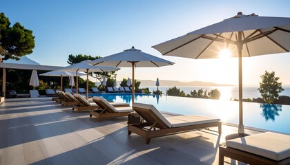 Fototapeta premium Beachfront hotel outdoor pool in the morning sunshine, rows of sun loungers and white parasols next to it.