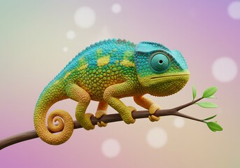 Obraz premium Colorful Chameleon on Branch, 3D Render