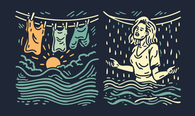 Obraz premium Hand-drawn Doodle of Woman in Rain with Laundry and Sun Setting
