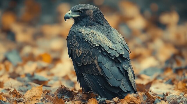 Dark crow perched autumn leaves