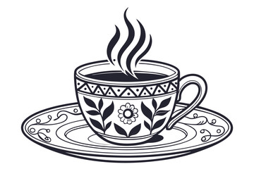 126 beautiful steaming cup of coffee, ornate patterned cup and saucer, intricate floral design elements, high detail, monochrome, digital illustration