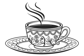126 beautiful steaming cup of coffee, ornate patterned cup and saucer, intricate floral design elements, high detail, monochrome, digital illustration