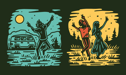 Vibrant Doodle Art of Dancing Figures Under Sun and Moonlight