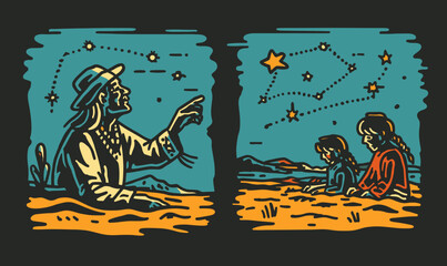 Hand-drawn Doodle of People Observing Stars and Constellations