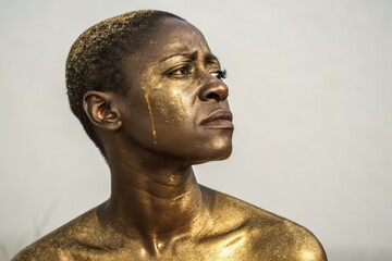Naklejka premium A Person Covered in Shimmering Gold Paint Gazes Thoughtfully Into the Distance