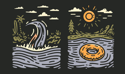 Fototapeta premium Vibrant Hand-Drawn Doodle of Waves and Sun on Dark Background