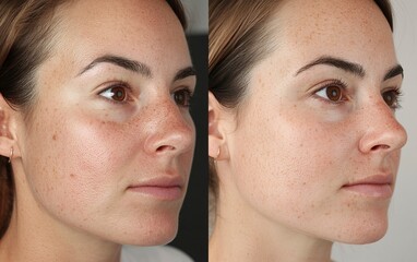 Two photos of the same woman's face, one before and one after treatment for venous redness and small spots on her cheeks. The images are close-up portrait photographs in high resolution, generative ai
