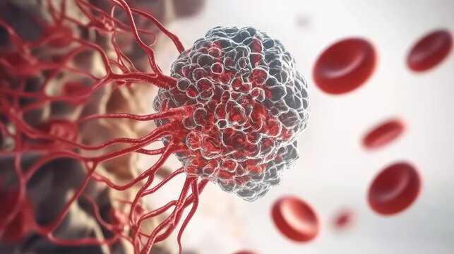 Highly detailed microscopic view of a cancer cell with blood vessels invading tissue and red blood cells flowing around it in a medical visualization