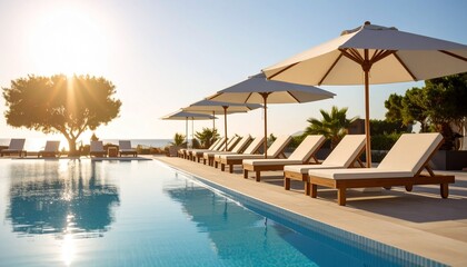 Fototapeta premium Beachfront hotel outdoor pool in the morning sunshine, rows of sun loungers and white parasols next to it.