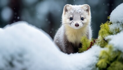 Obraz premium A snow marten standing on snowdrift, view of rare animal in the arctic regions with green frost forest