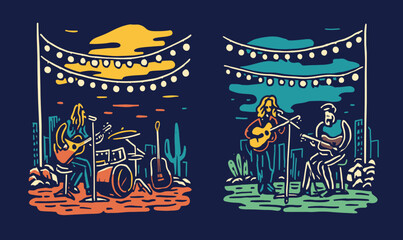 Fototapeta premium Colorful Doodle Art of Live Music Performance with Instruments and Lights