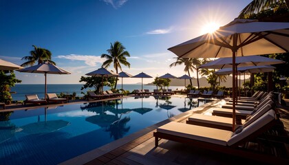 Beachfront hotel outdoor pool in the morning sunshine, rows of sun loungers and white parasols next to it.