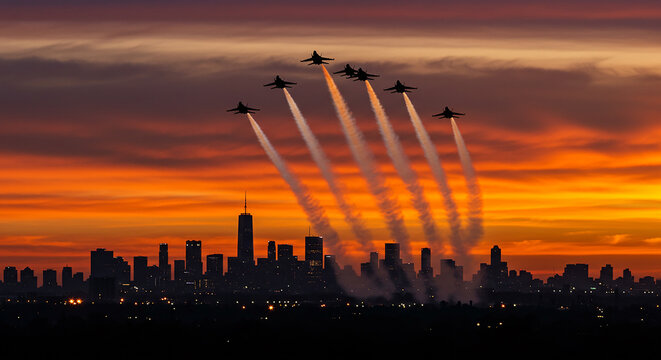 Planes flying over cityscape at sunset with contrails against colorful sky in silhouette view showcasing airshow