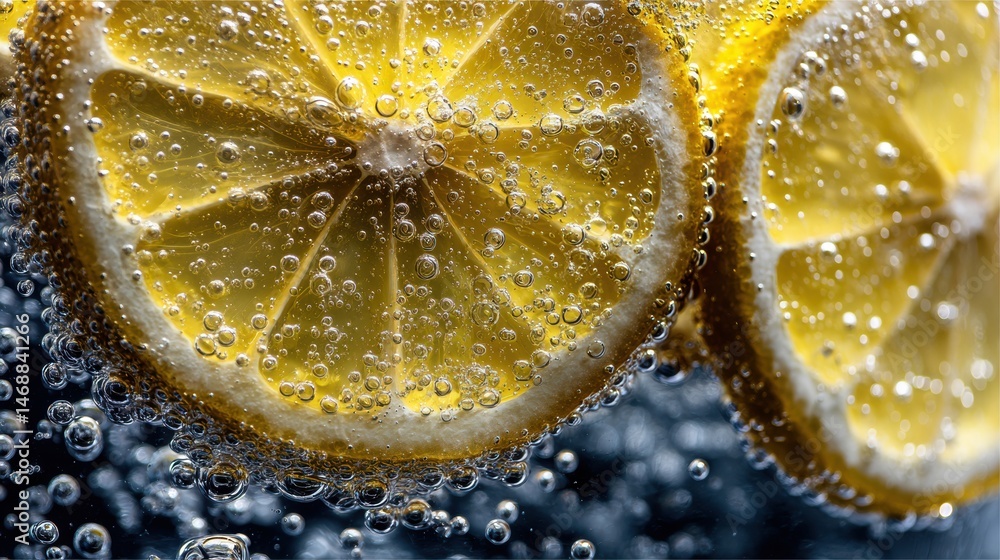 Poster lemon slices create refreshing sparkle in carbonated water with bubbles on a bright and clear day ge