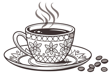 126 beautiful steaming cup of coffee, ornate patterned cup and saucer, intricate floral design elements, high detail, monochrome, digital illustration