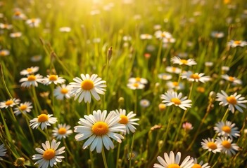 Fototapeta premium Sunlit meadow, chamomile and daisy blooms, spring/summer vibrancy, bloom, bright
