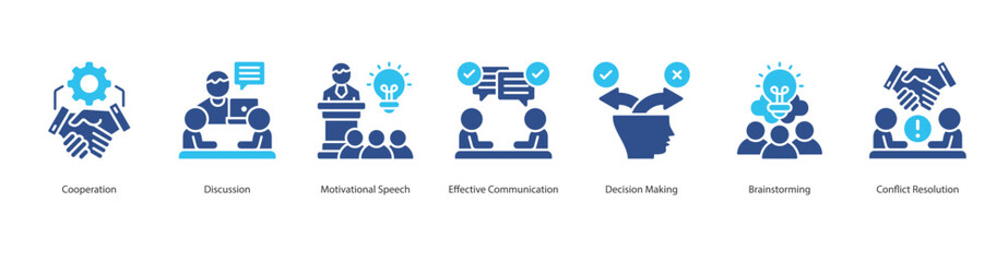 Collaborative Communication web banner icon sheet vector cooperation, discussion, motivational speech, effective communication, decision making, brainstorming, conflict resolution