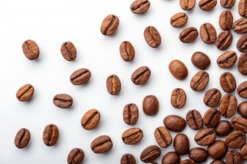 Naklejka premium Scattered Coffee Beans on White Background for Coffee Lovers Generative AI