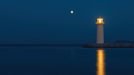 Fototapeta premium A bright lighthouse shining its light on the calm evening water