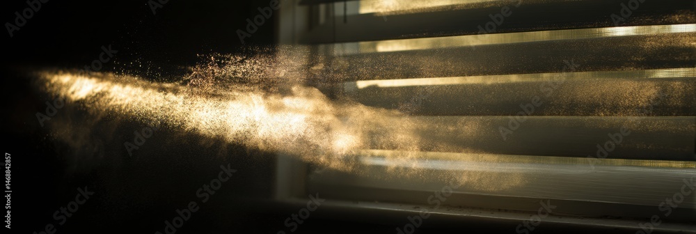 Poster golden dust particles illuminated by sunlight streaming through blinds in a serene indoor setting ge
