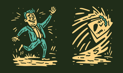 Playful Doodle of Man Running and Floating Sheet in Abstract Style