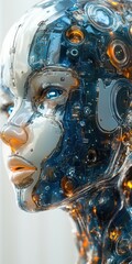 Close-up of a Futuristic Female Android Head with Visible Internal Circuitry and Illuminated Eyes, viewed from side, robotic