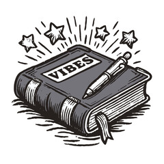 Hand-drawn Illustration of a Book with Vibes and Stars Surrounding It