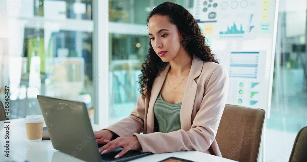 Aufkleber laptop, typing and business woman in office for financial email, performance analytics and metrics o