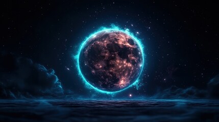 Stunning digital art of a glowing celestial moon with detailed surface features and vibrant blue halo illuminating a dark night sky with stars and clouds