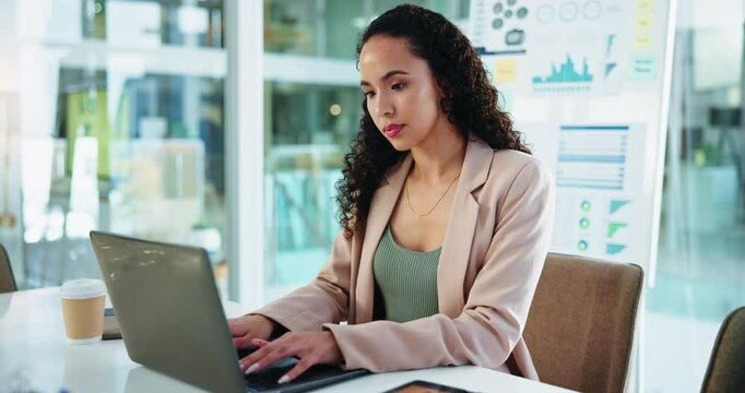 Laptop, typing and business woman in office for financial email, performance analytics and metrics online. Reading, computer and worker writing report for data analysis, stats and investment trends