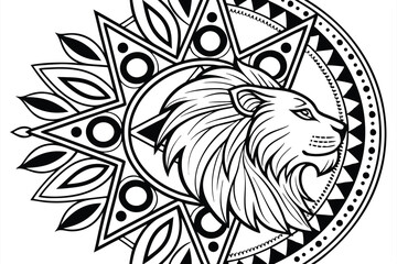 127 a highly detailed, intricate, ornate, mandala-style, black and white illustration of a majestic, regal lion head surrounded by an ornate, symmetrical, geometric pattern of floral and leaf-like ele