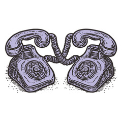 Vintage Hand Drawn Illustration of Two Old Telephones in Detail